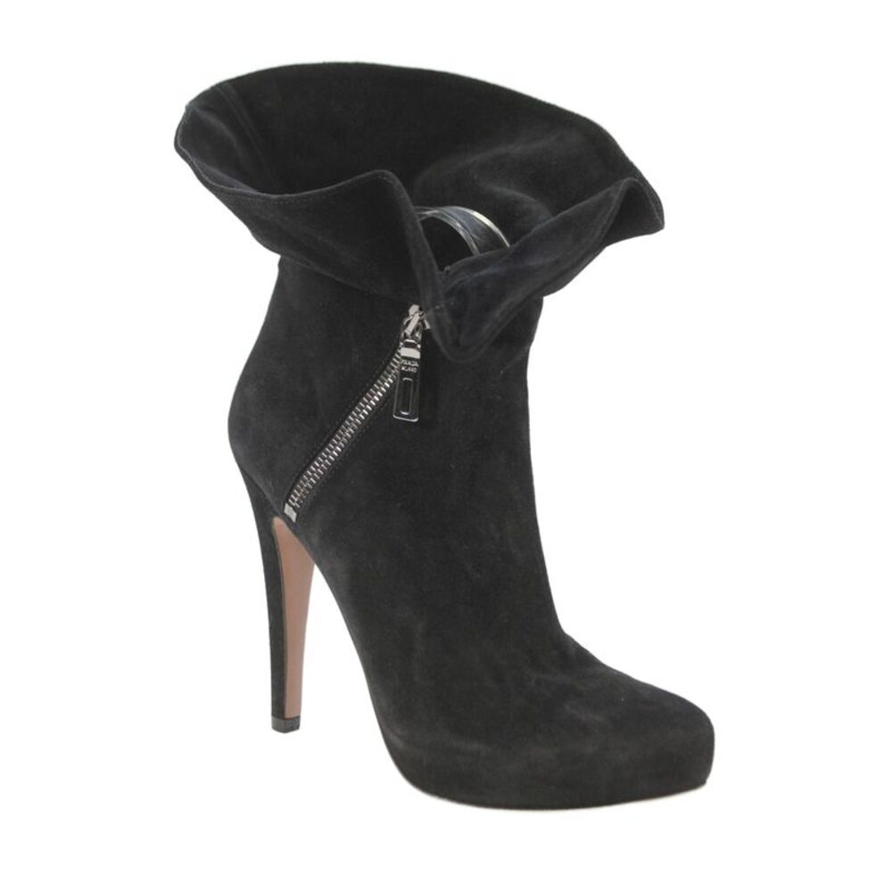 Prada Womens Suede Zip Up Wide Top Ankle Boots Black Size 37.5 7.5